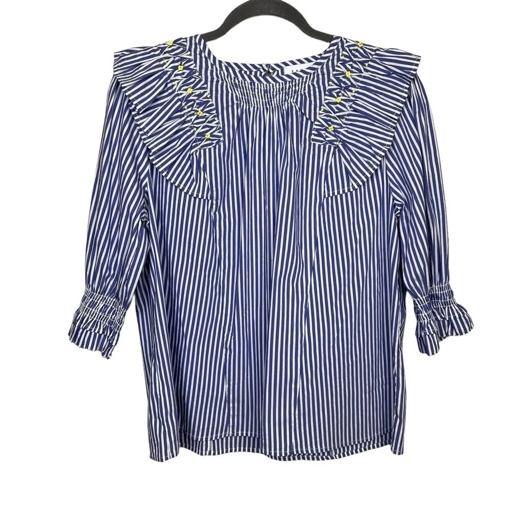 Tanya Taylor Pilar Striped Ruffle-Trim Blouse size 8 Blue White Cotton Blend - Picture 4 of 14